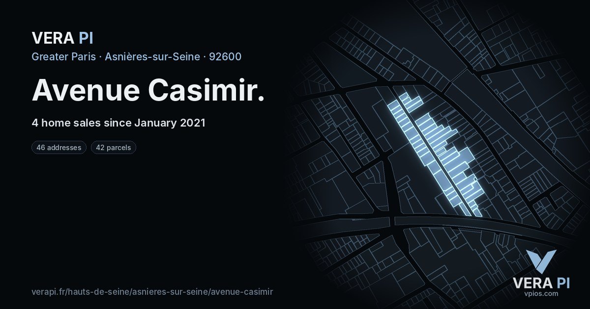 Avenue Casimir, Asnières-sur-Seine at night – every parcel coloured by the prices around it, the street's own parcels lit