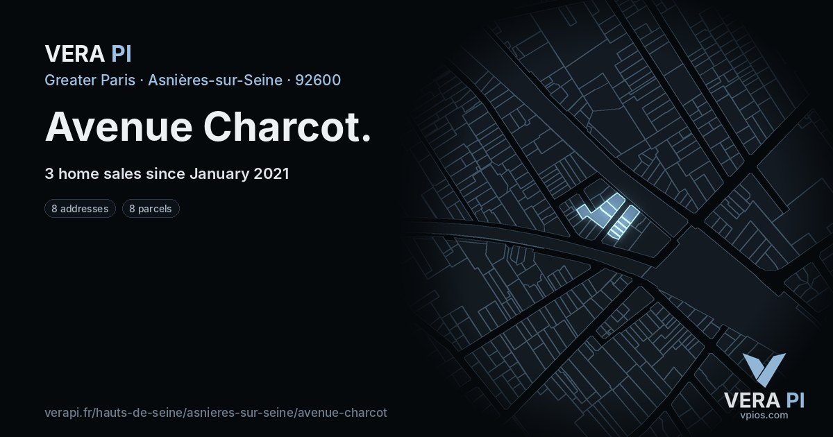 Avenue Charcot, Asnières-sur-Seine at night – every parcel coloured by the prices around it, the street's own parcels lit