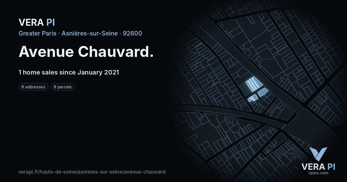 Avenue Chauvard, Asnières-sur-Seine at night – every parcel coloured by the prices around it, the street's own parcels lit