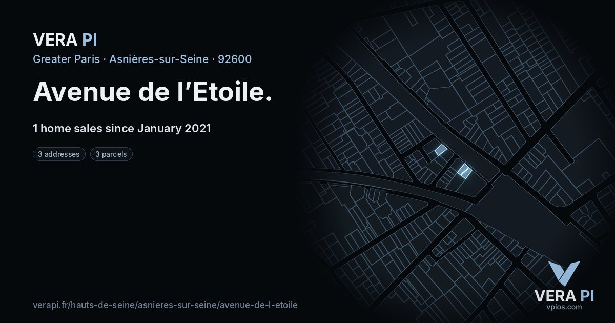 Avenue de l’Etoile, Asnières-sur-Seine at night – every parcel coloured by the prices around it, the street's own parcels lit