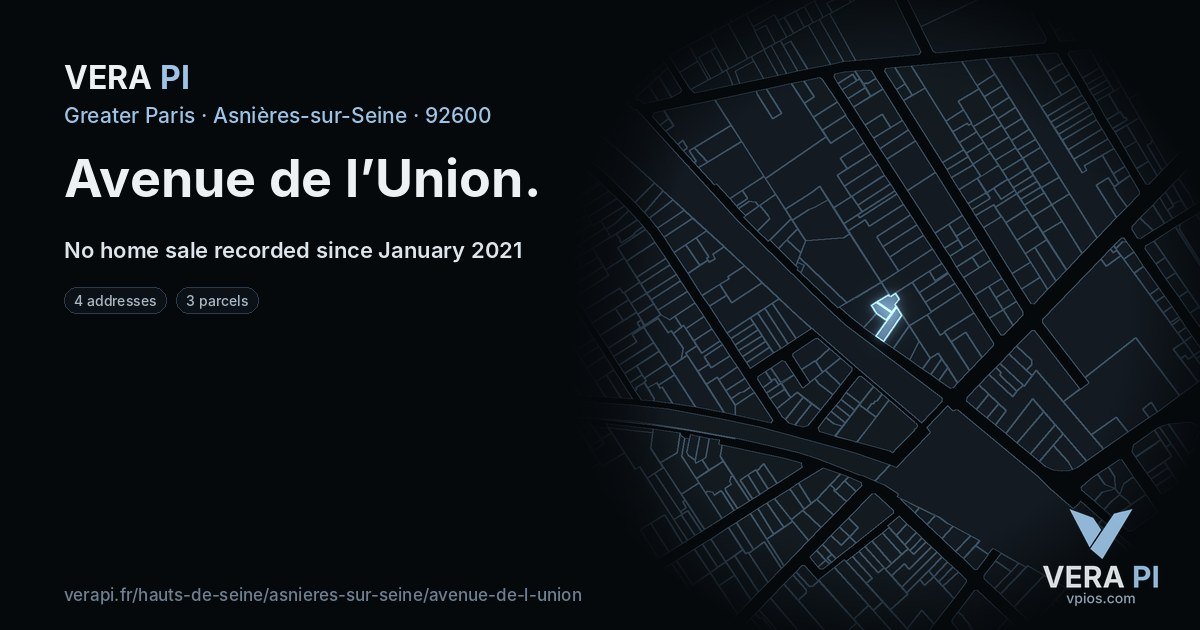 Avenue de l’Union, Asnières-sur-Seine at night – every parcel coloured by the prices around it, the street's own parcels lit