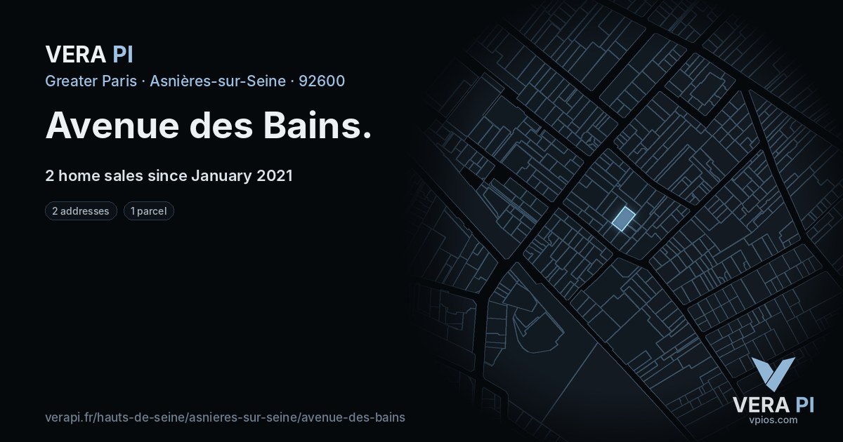 Avenue des Bains, Asnières-sur-Seine at night – every parcel coloured by the prices around it, the street's own parcels lit