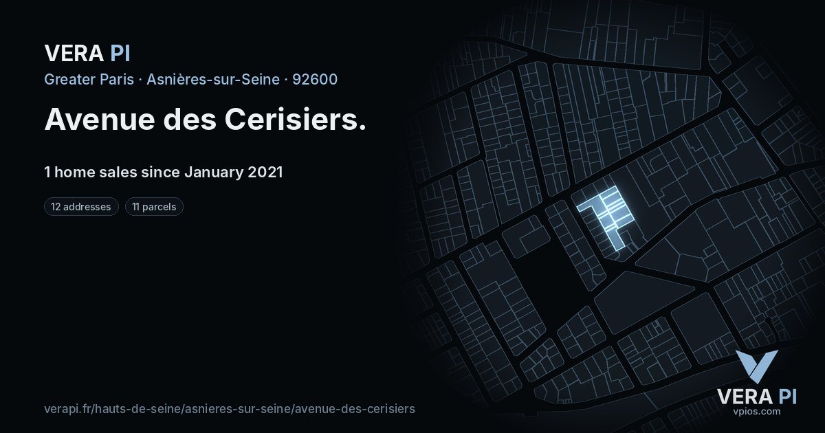 Avenue des Cerisiers, Asnières-sur-Seine at night – every parcel coloured by the prices around it, the street's own parcels lit