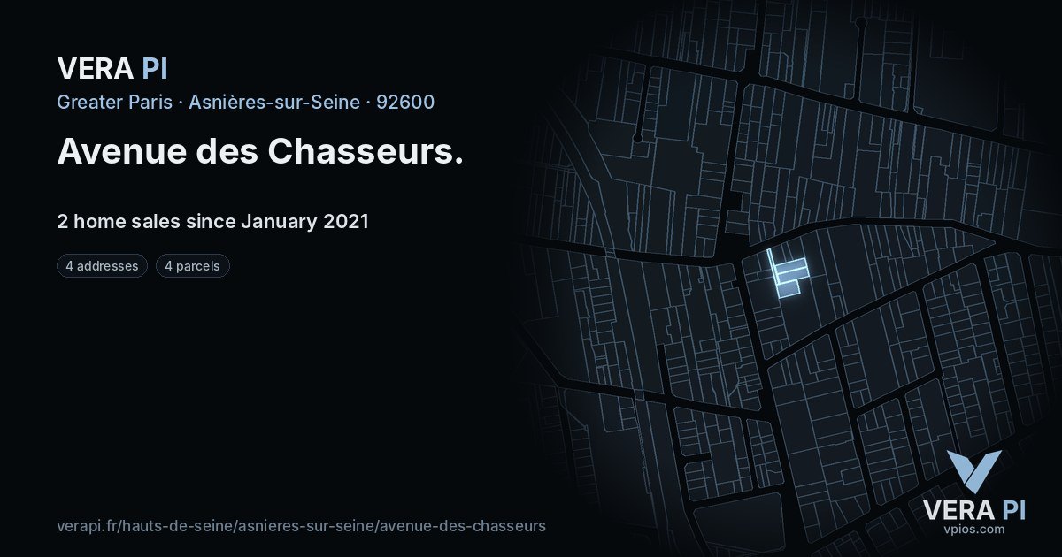 Avenue des Chasseurs, Asnières-sur-Seine at night – every parcel coloured by the prices around it, the street's own parcels lit