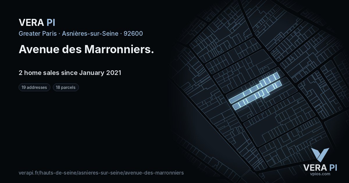 Avenue des Marronniers, Asnières-sur-Seine at night – every parcel coloured by the prices around it, the street's own parcels lit