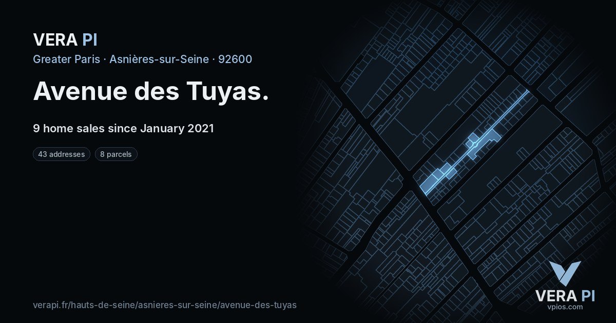 Avenue des Tuyas, Asnières-sur-Seine at night – every parcel coloured by the prices around it, the street's own parcels lit