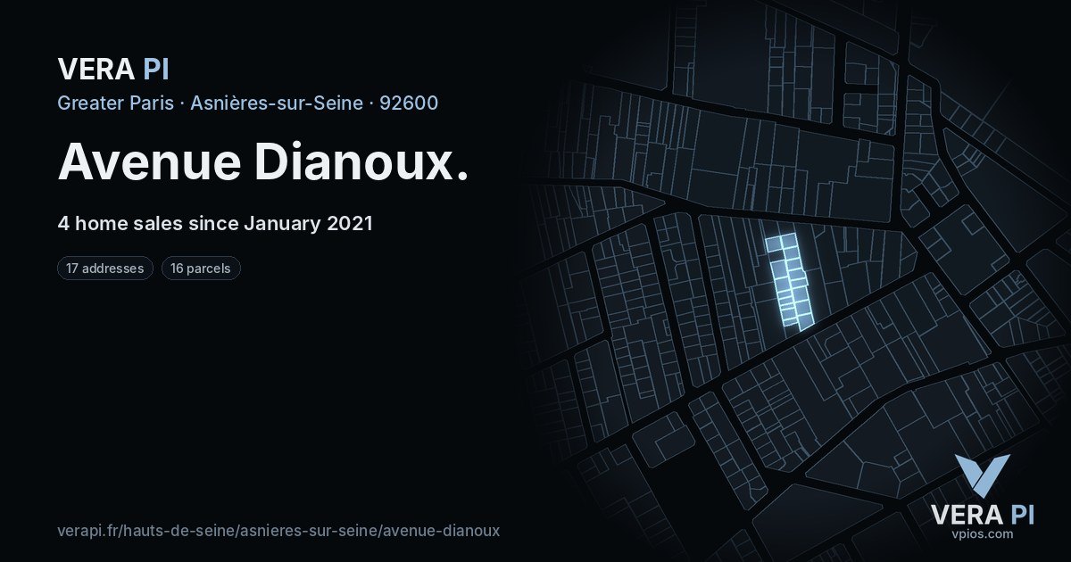 Avenue Dianoux, Asnières-sur-Seine at night – every parcel coloured by the prices around it, the street's own parcels lit