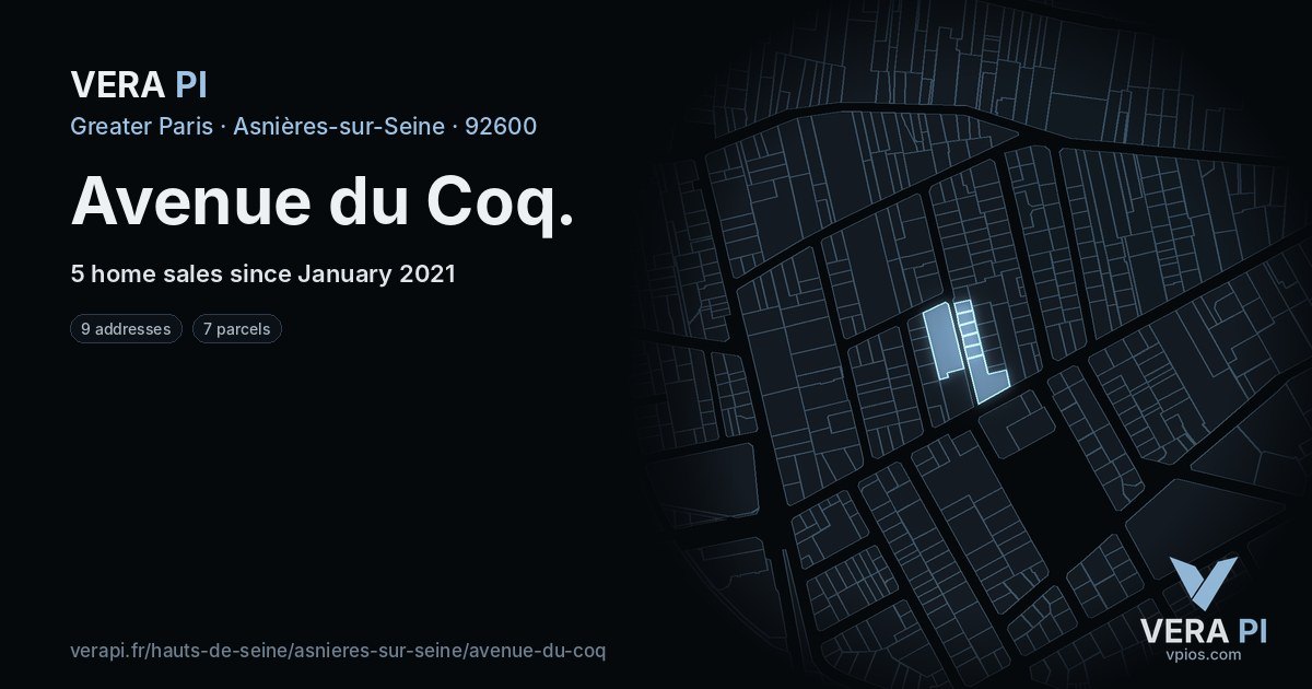 Avenue du Coq, Asnières-sur-Seine at night – every parcel coloured by the prices around it, the street's own parcels lit