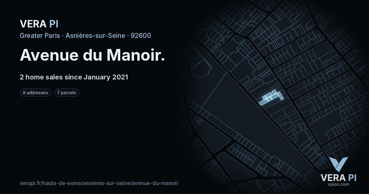 Avenue du Manoir, Asnières-sur-Seine at night – every parcel coloured by the prices around it, the street's own parcels lit