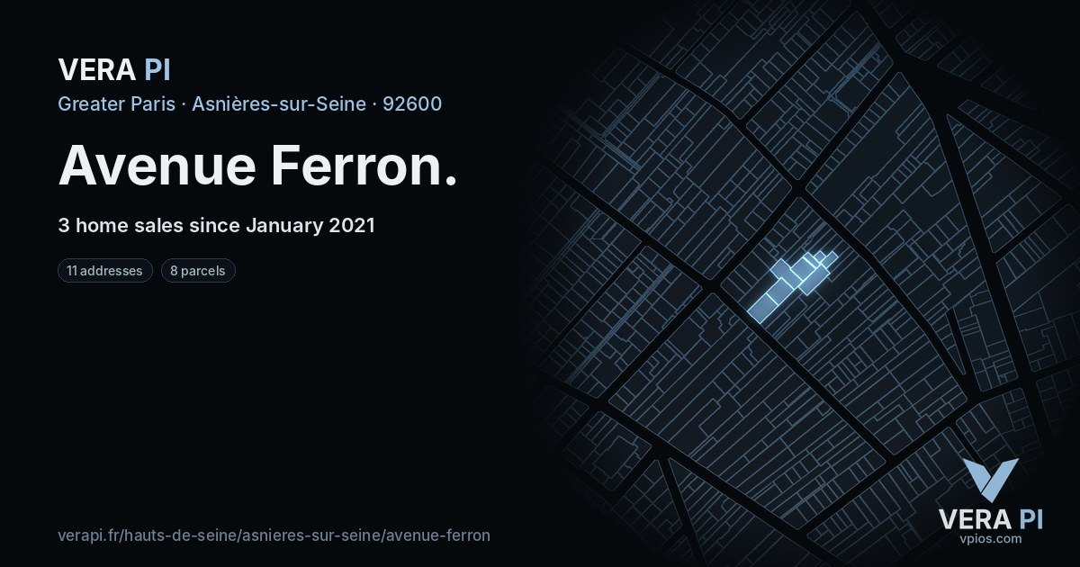 Avenue Ferron, Asnières-sur-Seine at night – every parcel coloured by the prices around it, the street's own parcels lit