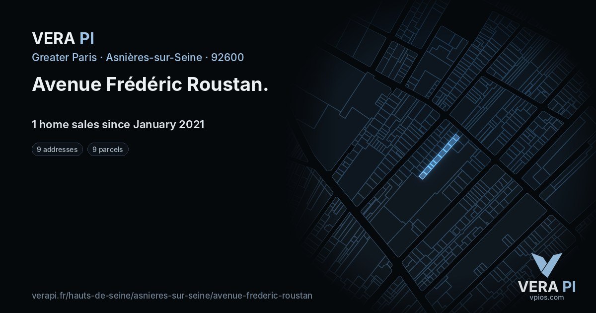 Avenue Frédéric Roustan, Asnières-sur-Seine at night – every parcel coloured by the prices around it, the street's own parcels lit