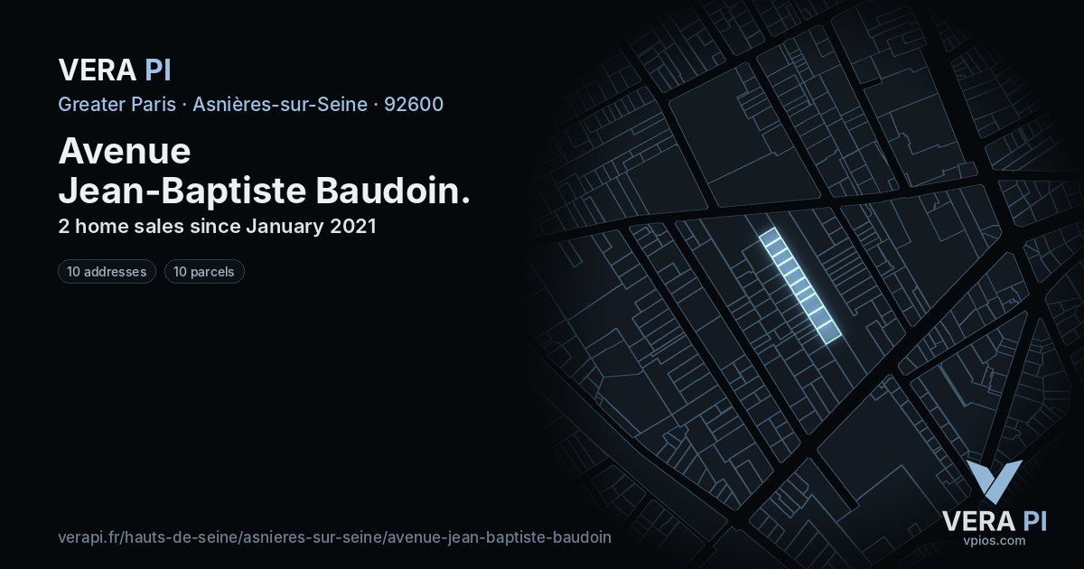 Avenue Jean-Baptiste Baudoin, Asnières-sur-Seine at night – every parcel coloured by the prices around it, the street's own parcels lit