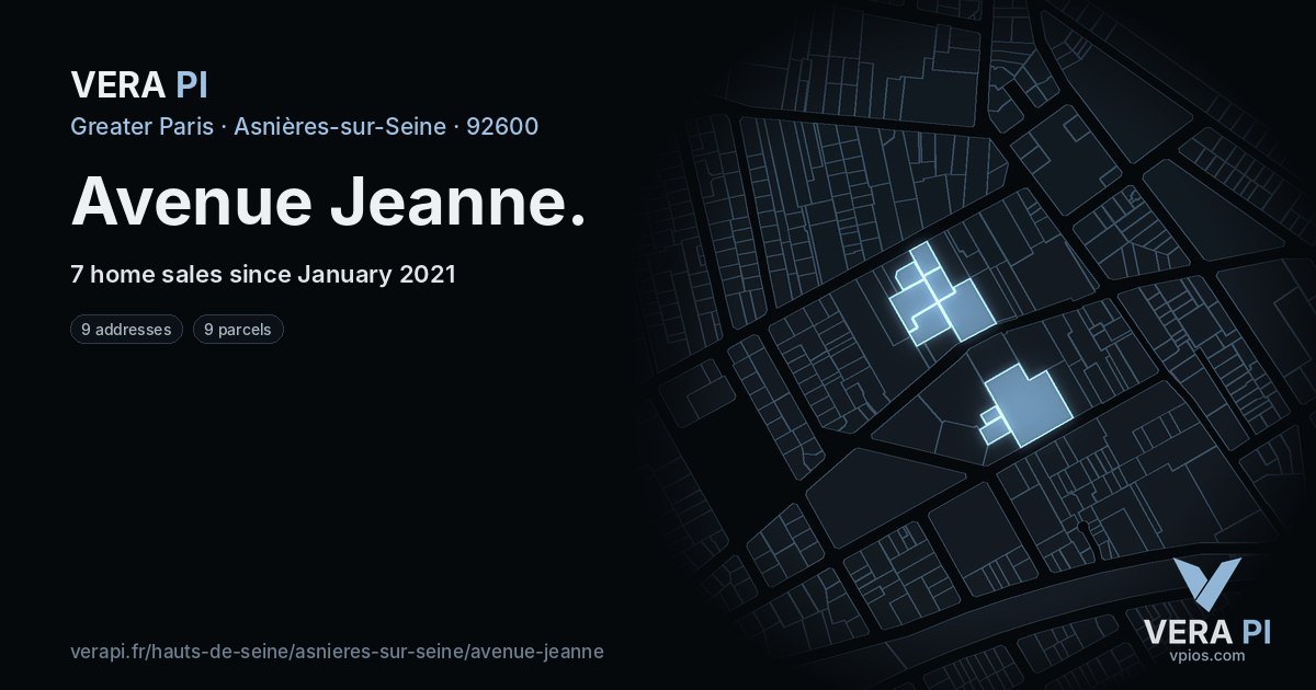 Avenue Jeanne, Asnières-sur-Seine at night – every parcel coloured by the prices around it, the street's own parcels lit