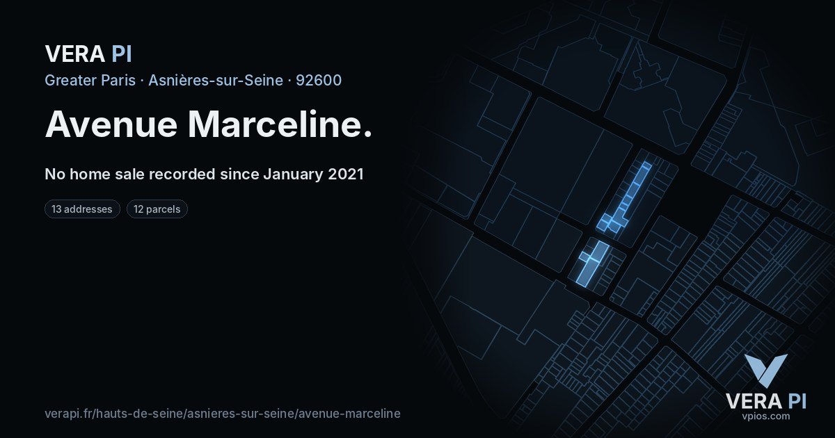 Avenue Marceline, Asnières-sur-Seine at night – every parcel coloured by the prices around it, the street's own parcels lit