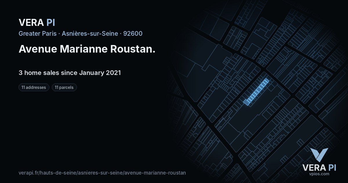 Avenue Marianne Roustan, Asnières-sur-Seine at night – every parcel coloured by the prices around it, the street's own parcels lit