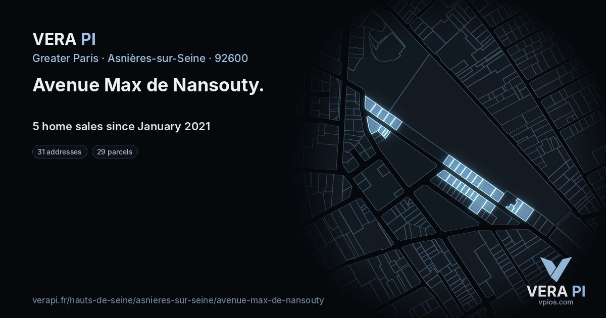 Avenue Max de Nansouty, Asnières-sur-Seine at night – every parcel coloured by the prices around it, the street's own parcels lit