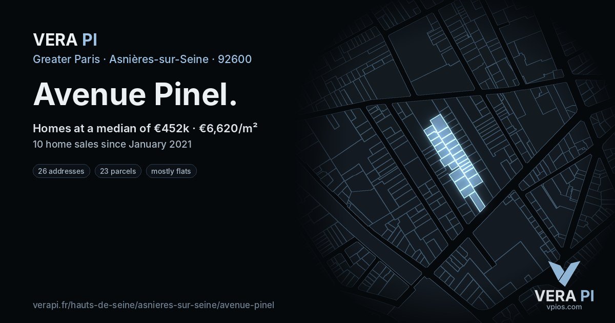 Avenue Pinel, Asnières-sur-Seine at night – every parcel coloured by the prices around it, the street's own parcels lit
