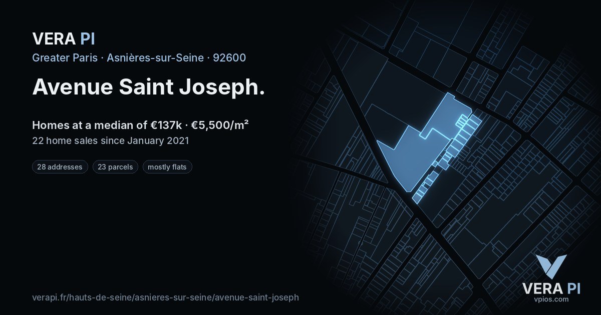 Avenue Saint Joseph, Asnières-sur-Seine at night – every parcel coloured by the prices around it, the street's own parcels lit