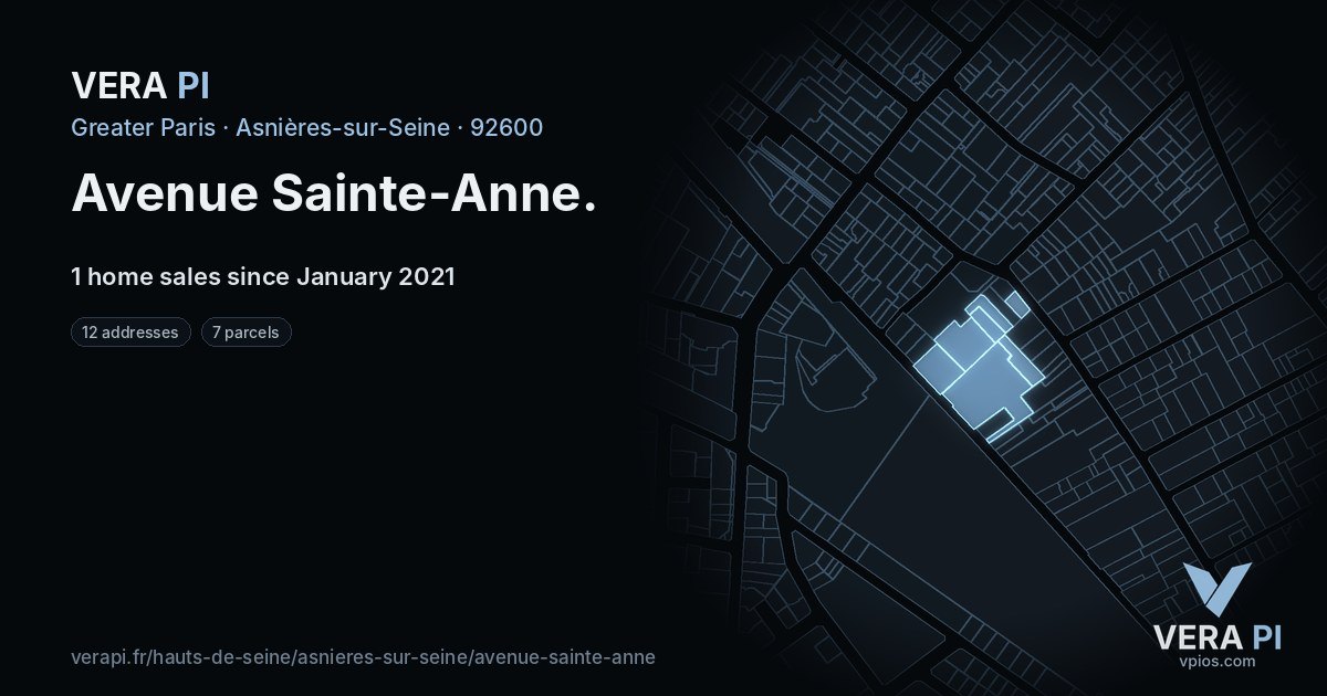 Avenue Sainte-Anne, Asnières-sur-Seine at night – every parcel coloured by the prices around it, the street's own parcels lit