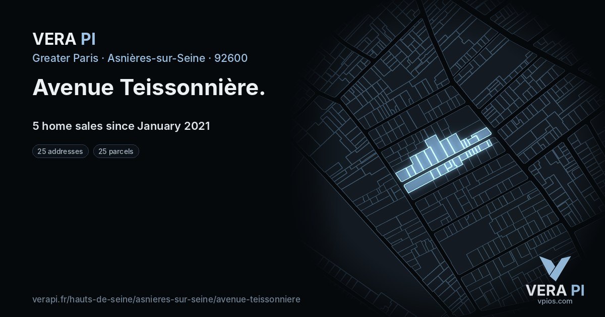 Avenue Teissonnière, Asnières-sur-Seine at night – every parcel coloured by the prices around it, the street's own parcels lit