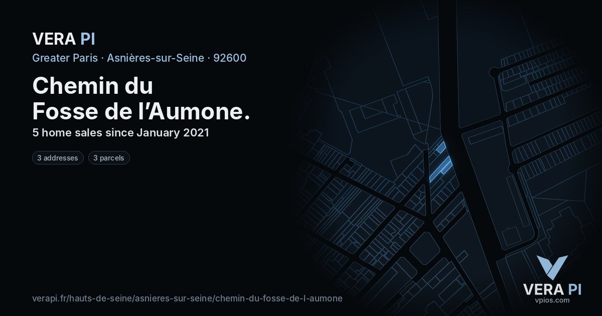 Chemin du Fosse de l’Aumone, Asnières-sur-Seine at night – every parcel coloured by the prices around it, the street's own parcels lit