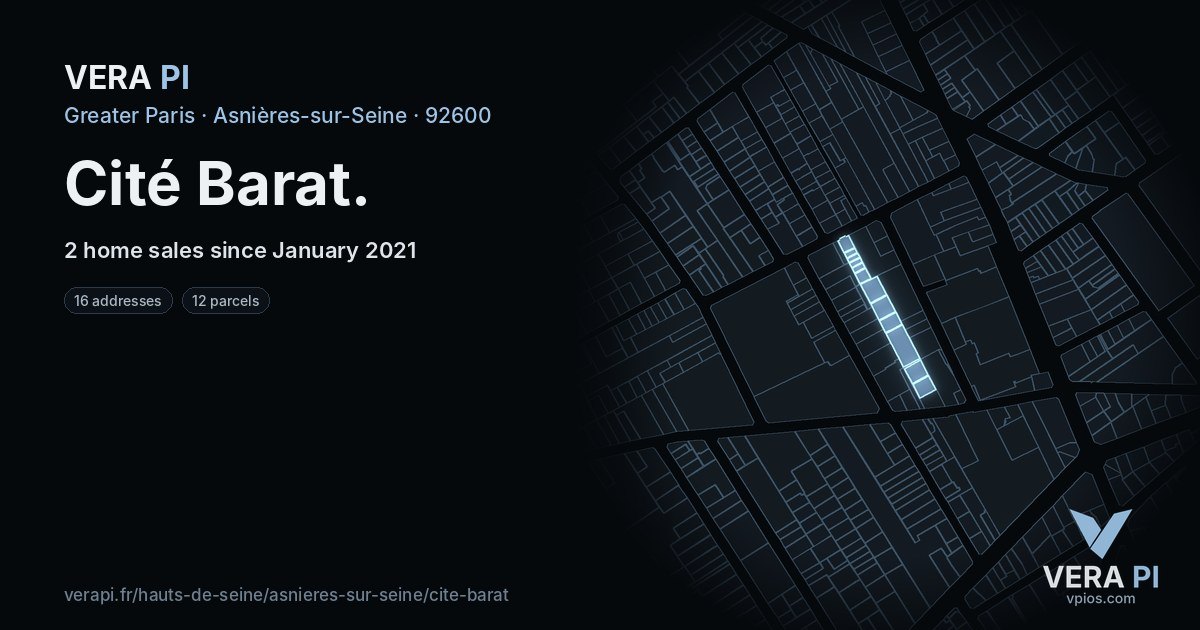 Cité Barat, Asnières-sur-Seine at night – every parcel coloured by the prices around it, the street's own parcels lit