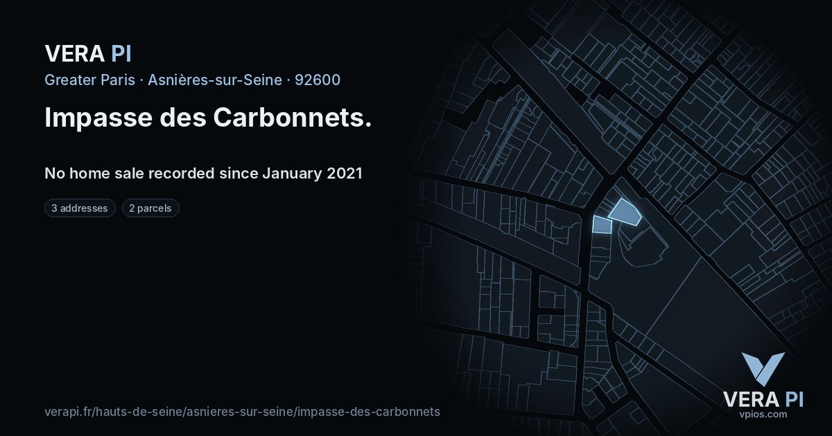 Impasse des Carbonnets, Asnières-sur-Seine at night – every parcel coloured by the prices around it, the street's own parcels lit