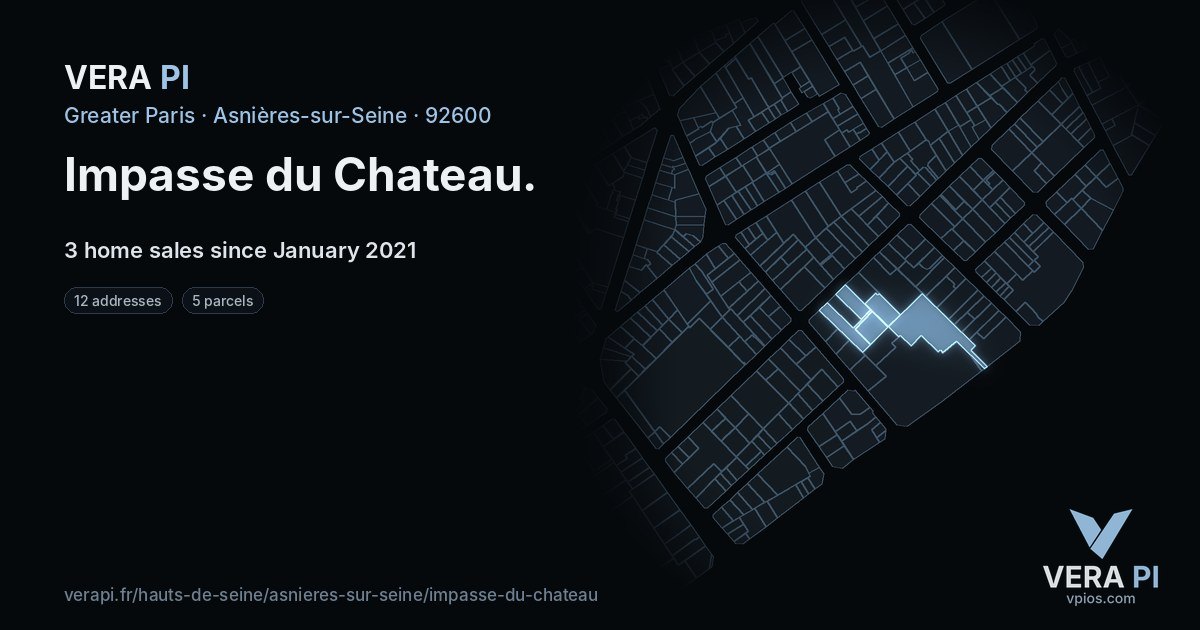 Impasse du Chateau, Asnières-sur-Seine at night – every parcel coloured by the prices around it, the street's own parcels lit
