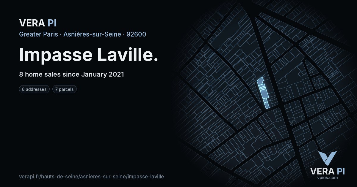 Impasse Laville, Asnières-sur-Seine at night – every parcel coloured by the prices around it, the street's own parcels lit