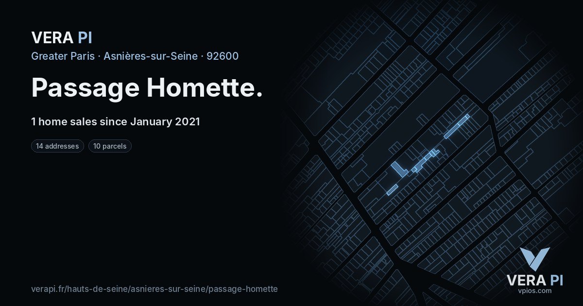 Passage Homette, Asnières-sur-Seine at night – every parcel coloured by the prices around it, the street's own parcels lit