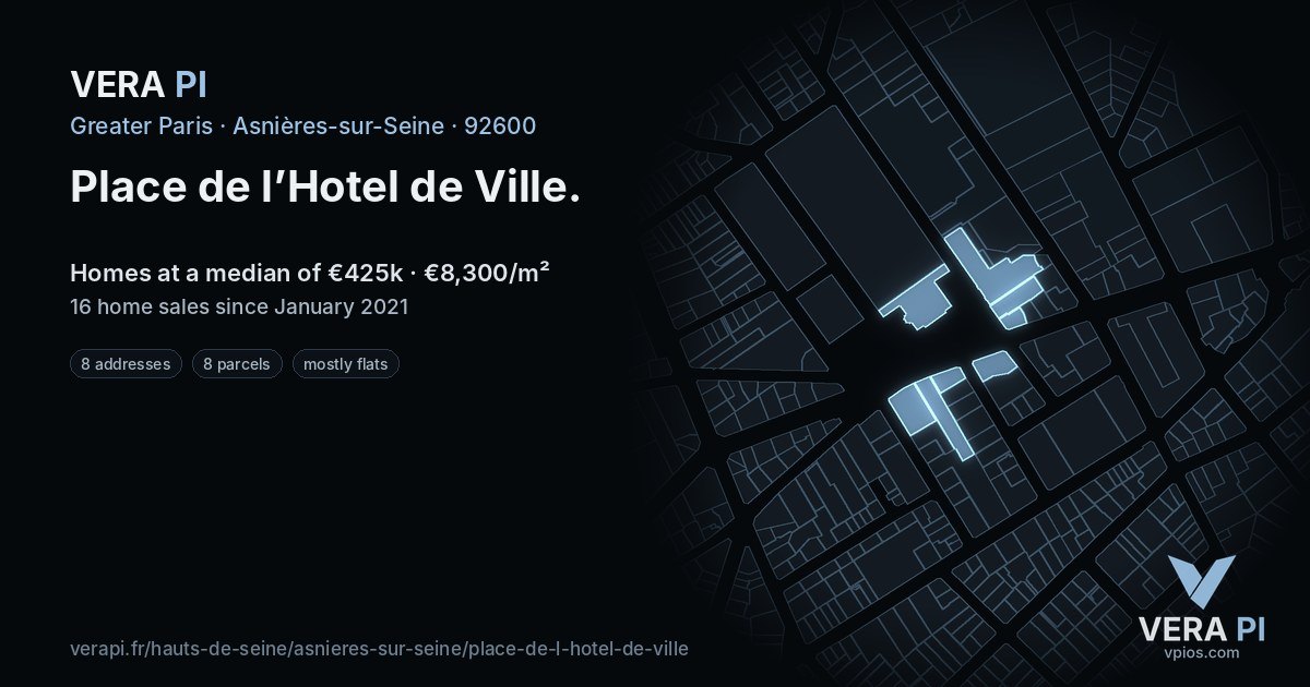 Place de l’Hotel de Ville, Asnières-sur-Seine at night – every parcel coloured by the prices around it, the street's own parcels lit