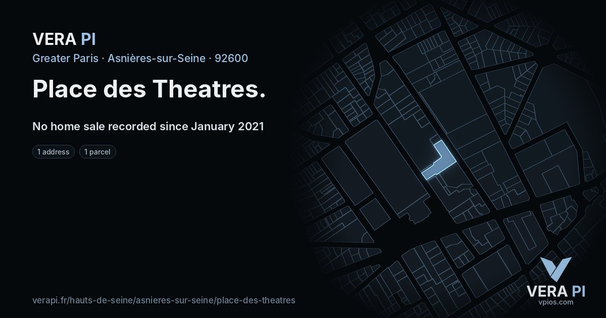 Place des Theatres, Asnières-sur-Seine at night – every parcel coloured by the prices around it, the street's own parcels lit
