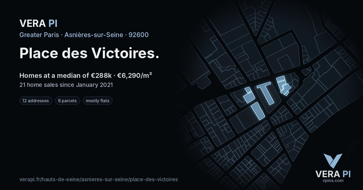 Place des Victoires, Asnières-sur-Seine at night – every parcel coloured by the prices around it, the street's own parcels lit