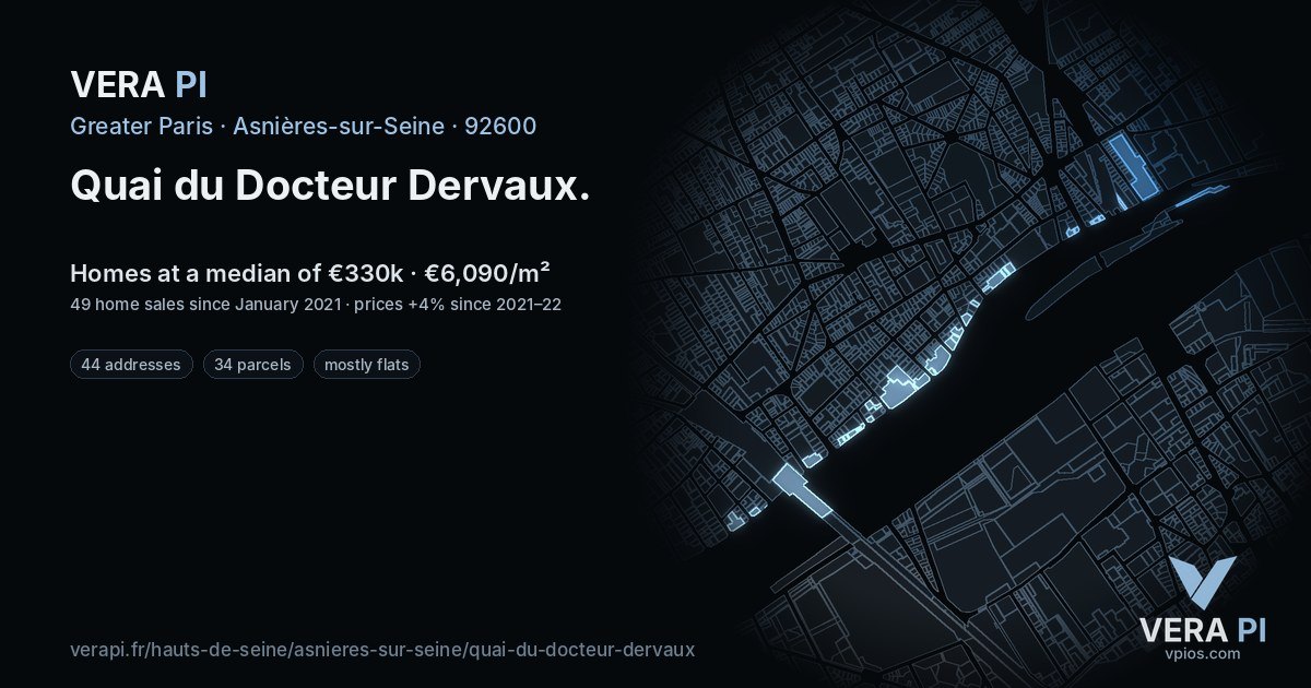 Quai du Docteur Dervaux, Asnières-sur-Seine at night – every parcel coloured by the prices around it, the street's own parcels lit