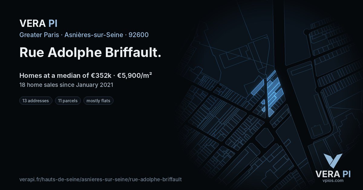 Rue Adolphe Briffault, Asnières-sur-Seine at night – every parcel coloured by the prices around it, the street's own parcels lit