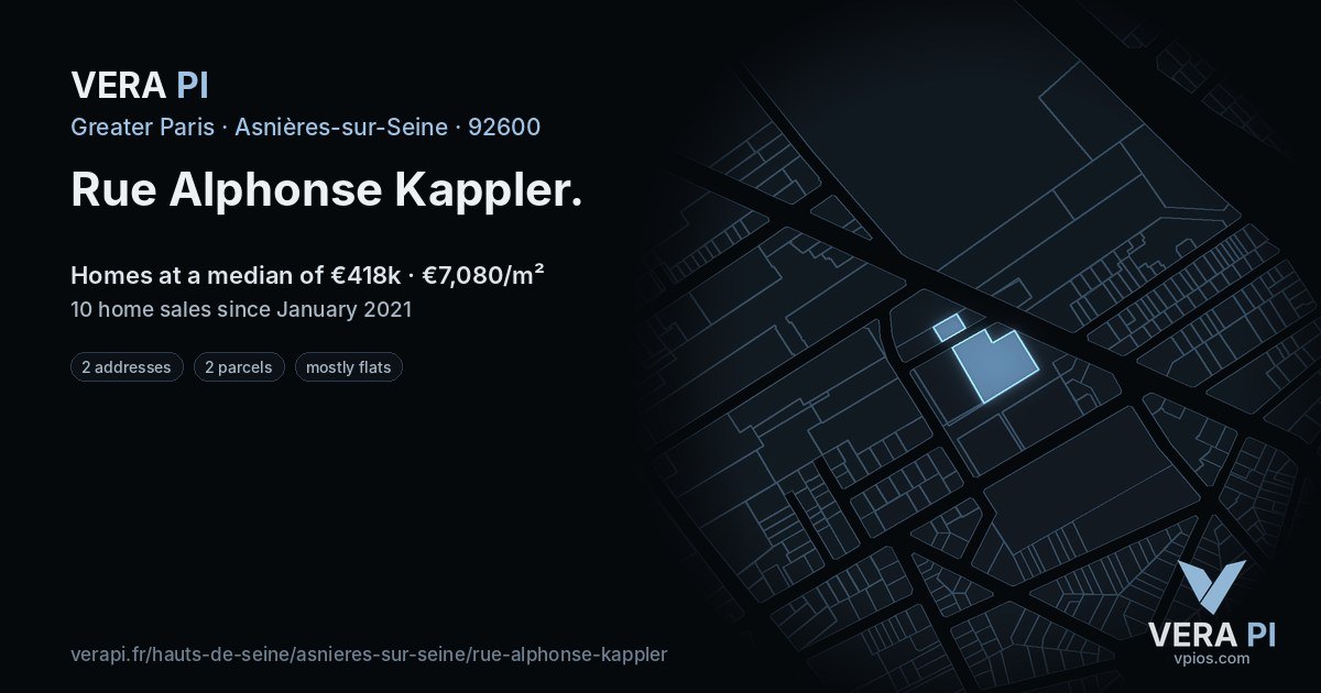 Rue Alphonse Kappler, Asnières-sur-Seine at night – every parcel coloured by the prices around it, the street's own parcels lit