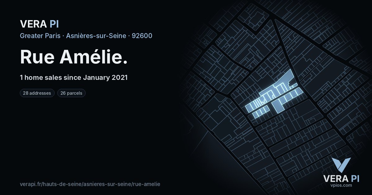 Rue Amélie, Asnières-sur-Seine at night – every parcel coloured by the prices around it, the street's own parcels lit