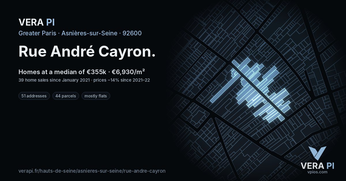 Rue André Cayron, Asnières-sur-Seine at night – every parcel coloured by the prices around it, the street's own parcels lit
