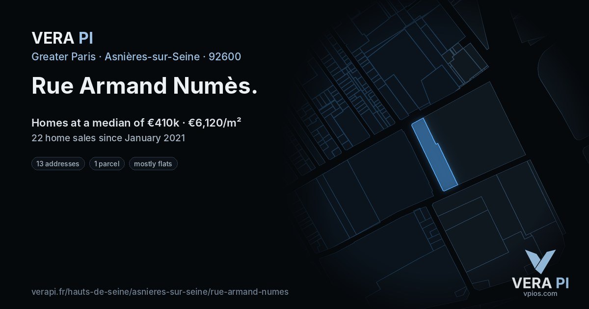 Rue Armand Numès, Asnières-sur-Seine at night – every parcel coloured by the prices around it, the street's own parcels lit
