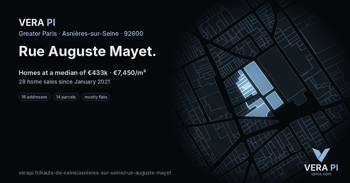 Rue Auguste Mayet, Asnières-sur-Seine at night – every parcel coloured by the prices around it, the street's own parcels lit