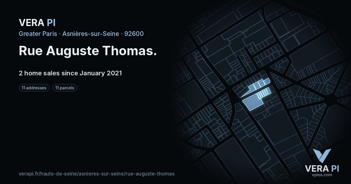 Rue Auguste Thomas, Asnières-sur-Seine at night – every parcel coloured by the prices around it, the street's own parcels lit