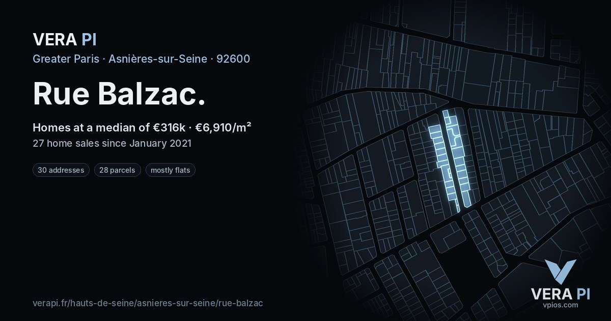 Rue Balzac, Asnières-sur-Seine at night – every parcel coloured by the prices around it, the street's own parcels lit