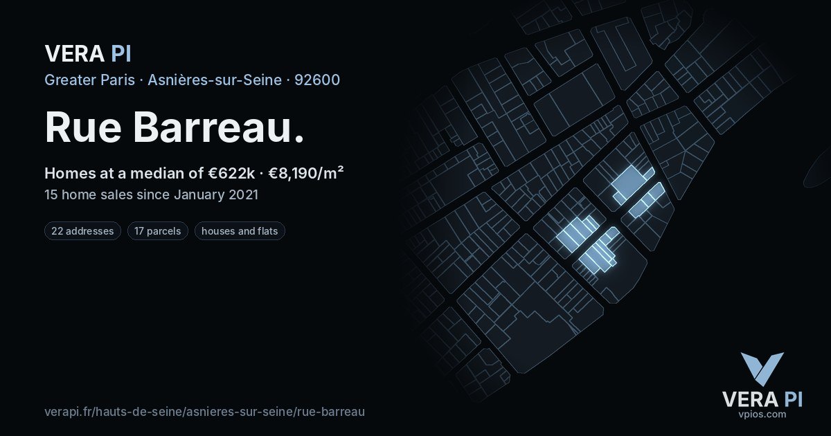 Rue Barreau, Asnières-sur-Seine at night – every parcel coloured by the prices around it, the street's own parcels lit