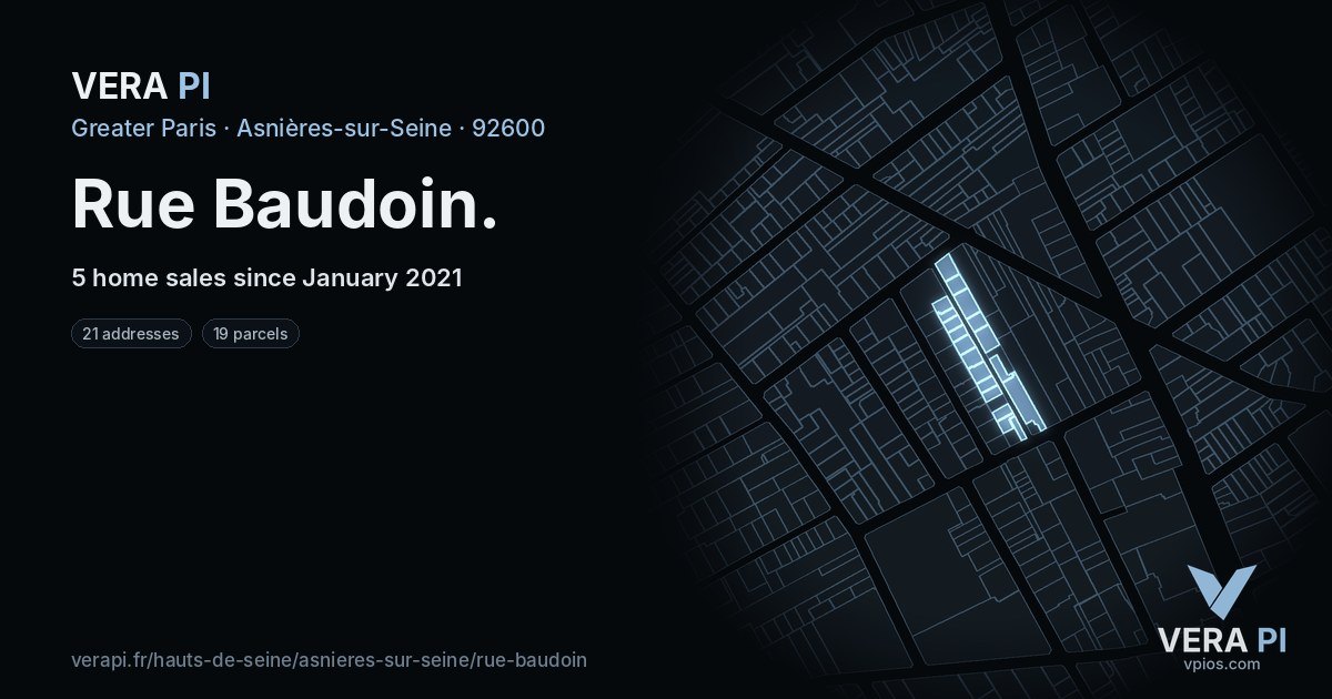 Rue Baudoin, Asnières-sur-Seine at night – every parcel coloured by the prices around it, the street's own parcels lit