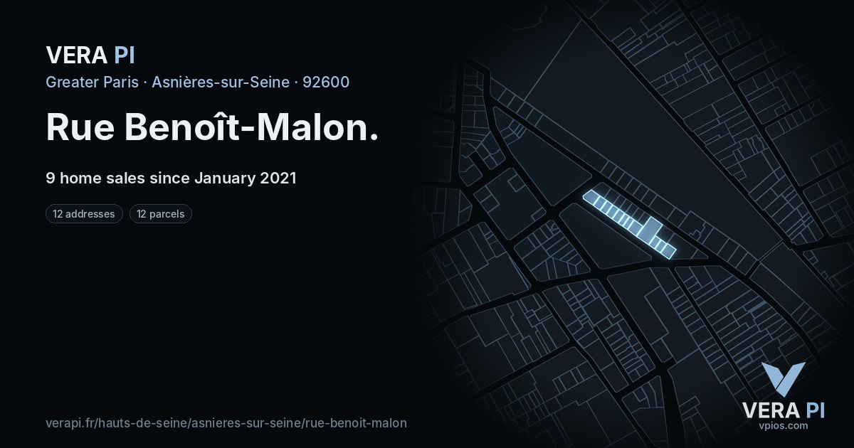 Rue Benoît-Malon, Asnières-sur-Seine at night – every parcel coloured by the prices around it, the street's own parcels lit
