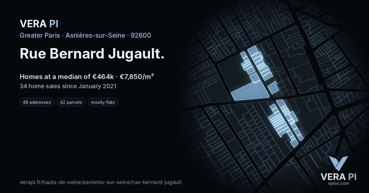 Rue Bernard Jugault, Asnières-sur-Seine at night – every parcel coloured by the prices around it, the street's own parcels lit