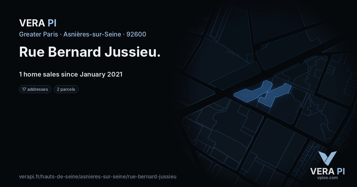 Rue Bernard Jussieu, Asnières-sur-Seine at night – every parcel coloured by the prices around it, the street's own parcels lit