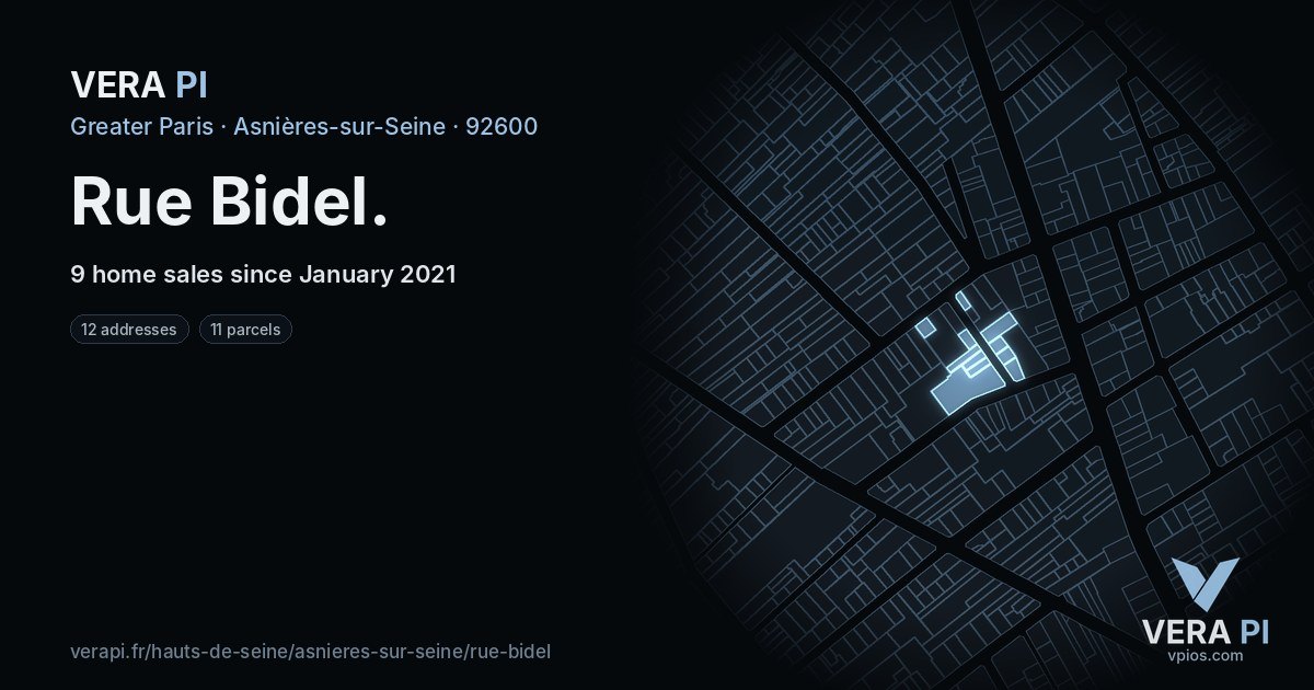 Rue Bidel, Asnières-sur-Seine at night – every parcel coloured by the prices around it, the street's own parcels lit