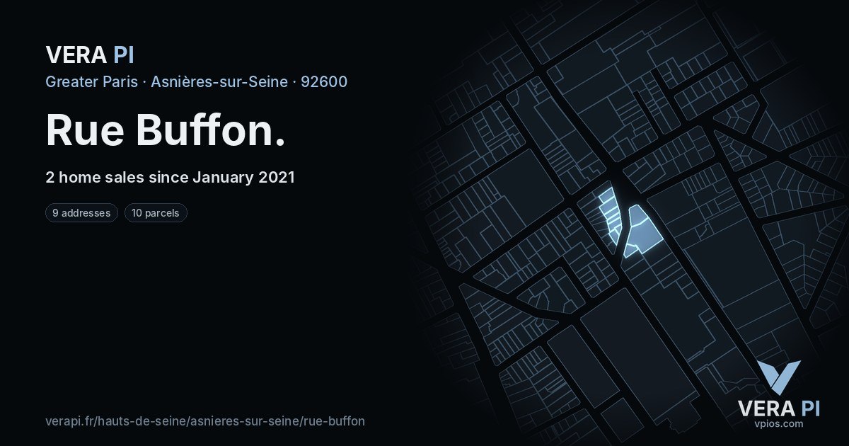 Rue Buffon, Asnières-sur-Seine at night – every parcel coloured by the prices around it, the street's own parcels lit