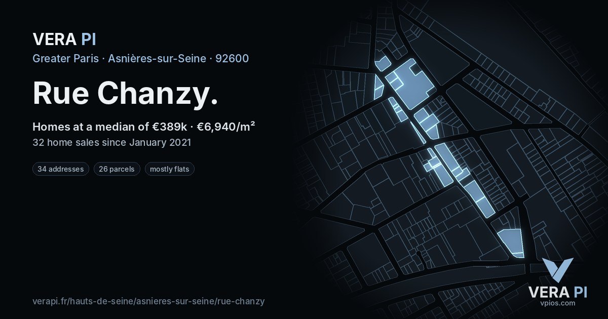 Rue Chanzy, Asnières-sur-Seine at night – every parcel coloured by the prices around it, the street's own parcels lit